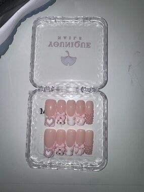 Press-On Pink 3D Bow & Pearl Nail Set